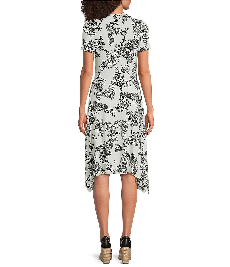 JOHNNY WAS The Janie Favorite Sydnee Butterfly Print Knit Crew Neck Short Sleeve Handkerchief Hem Dress