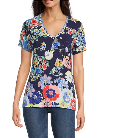 JOHNNY WAS The Janie Favorite Tiana Scarf Print V-Neck Short Sleeve Tee