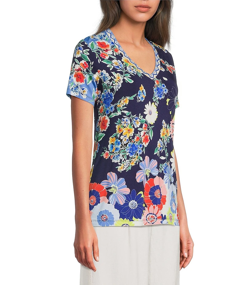 JOHNNY WAS The Janie Favorite Tiana Scarf Print V-Neck Short Sleeve Tee