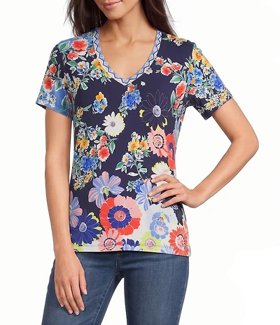 JOHNNY WAS The Janie Favorite Tiana Scarf Print V-Neck Short Sleeve Tee