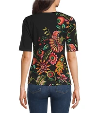 JOHNNY WAS The Janie Favorite Valley Of The Fleurs Floral Print Knit V-Neck Short Sleeve Tee