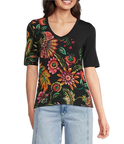 JOHNNY WAS The Janie Favorite Valley Of The Fleurs Floral Print Knit V-Neck Short Sleeve Tee