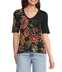 JOHNNY WAS The Janie Favorite Valley Of The Fleurs Floral Print Knit V-Neck Short Sleeve Tee