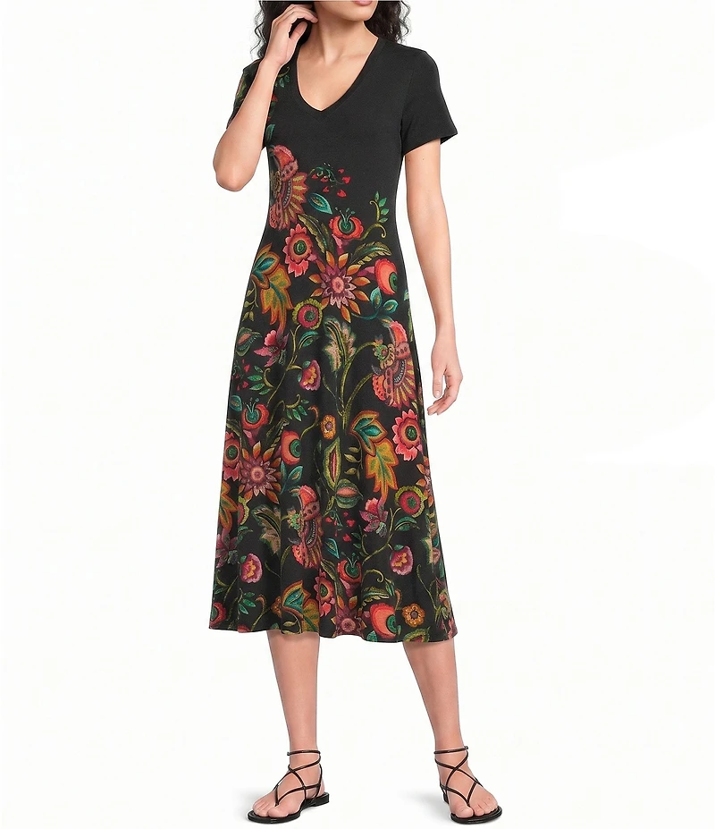 JOHNNY WAS The Janie Favorite Valley Of The Fleurs Floral Print V-Neck Cap Sleeve Midi Dress