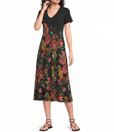 JOHNNY WAS The Janie Favorite Valley Of The Fleurs Floral Print V-Neck Cap Sleeve Midi Dress