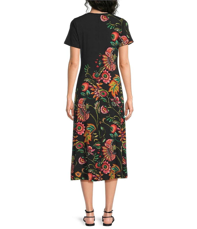JOHNNY WAS The Janie Favorite Valley Of The Fleurs Floral Print V-Neck Cap Sleeve Midi Dress