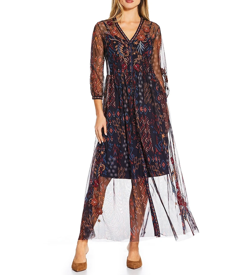 JOHNNY WAS Theia Embroidered Print Mesh Knit V-Neck 3/4 Sleeve Button Front Midi Dress