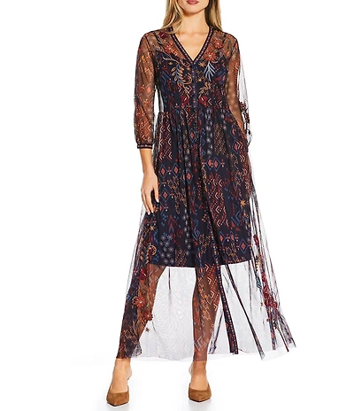 JOHNNY WAS Theia Embroidered Print Mesh Knit V-Neck 3/4 Sleeve Button Front Midi Dress