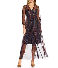 JOHNNY WAS Theia Embroidered Print Mesh Knit V-Neck 3/4 Sleeve Button Front Midi Dress