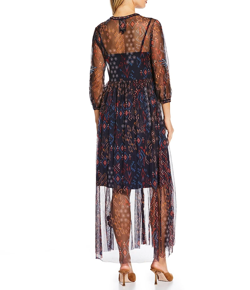 JOHNNY WAS Theia Embroidered Print Mesh Knit V-Neck 3/4 Sleeve Button Front Midi Dress