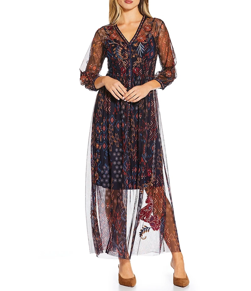 JOHNNY WAS Theia Embroidered Print Mesh Knit V-Neck 3/4 Sleeve Button Front Midi Dress