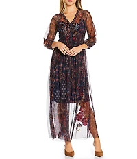 JOHNNY WAS Theia Embroidered Print Mesh Knit V-Neck 3/4 Sleeve Button Front Midi Dress