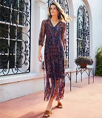 JOHNNY WAS Theia Embroidered Print Mesh Knit V-Neck 3/4 Sleeve Button Front Midi Dress