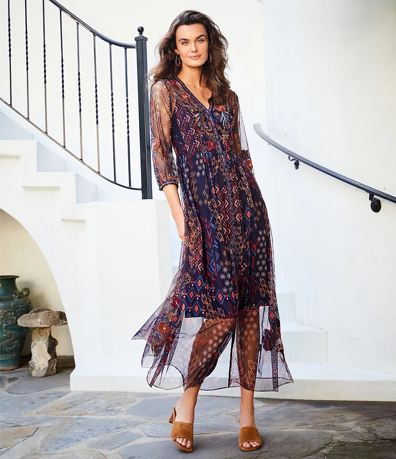 JOHNNY WAS Theia Embroidered Print Mesh Knit V-Neck 3/4 Sleeve Button Front Midi Dress
