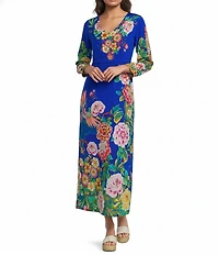 JOHNNY WAS Tieni Silk Victoria Floral Scarf Print V-Neck Long Sleeve Maxi Dress
