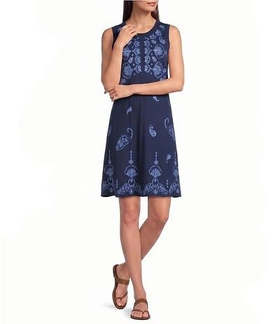 JOHNNY WAS Tonal Embroidered Paisley Medallion Knit Jersey Round Neck Sleeveless Shift Dress