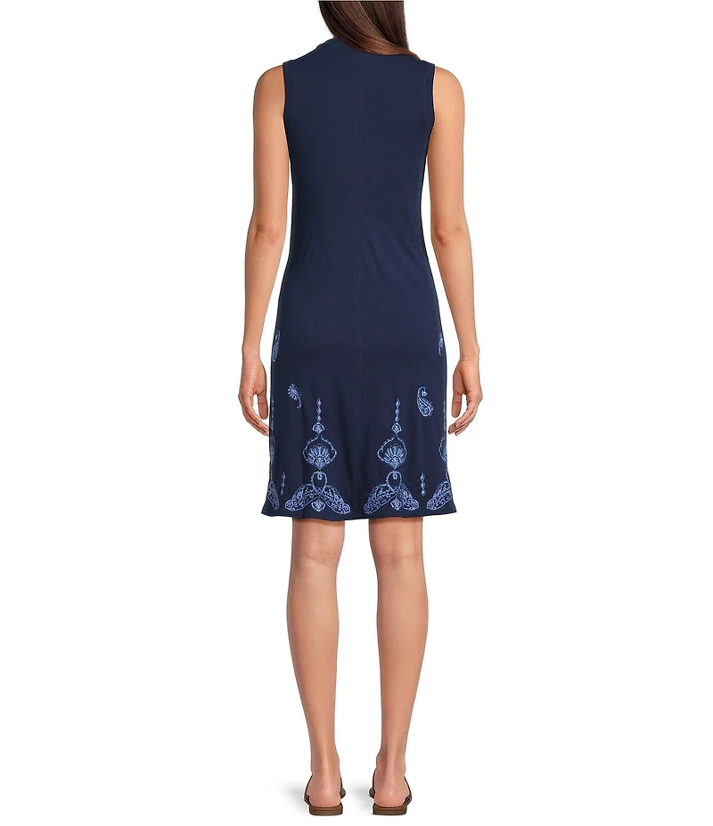 JOHNNY WAS Tonal Embroidered Paisley Medallion Knit Jersey Round Neck Sleeveless Shift Dress
