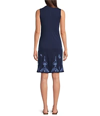 JOHNNY WAS Tonal Embroidered Paisley Medallion Knit Jersey Round Neck Sleeveless Shift Dress