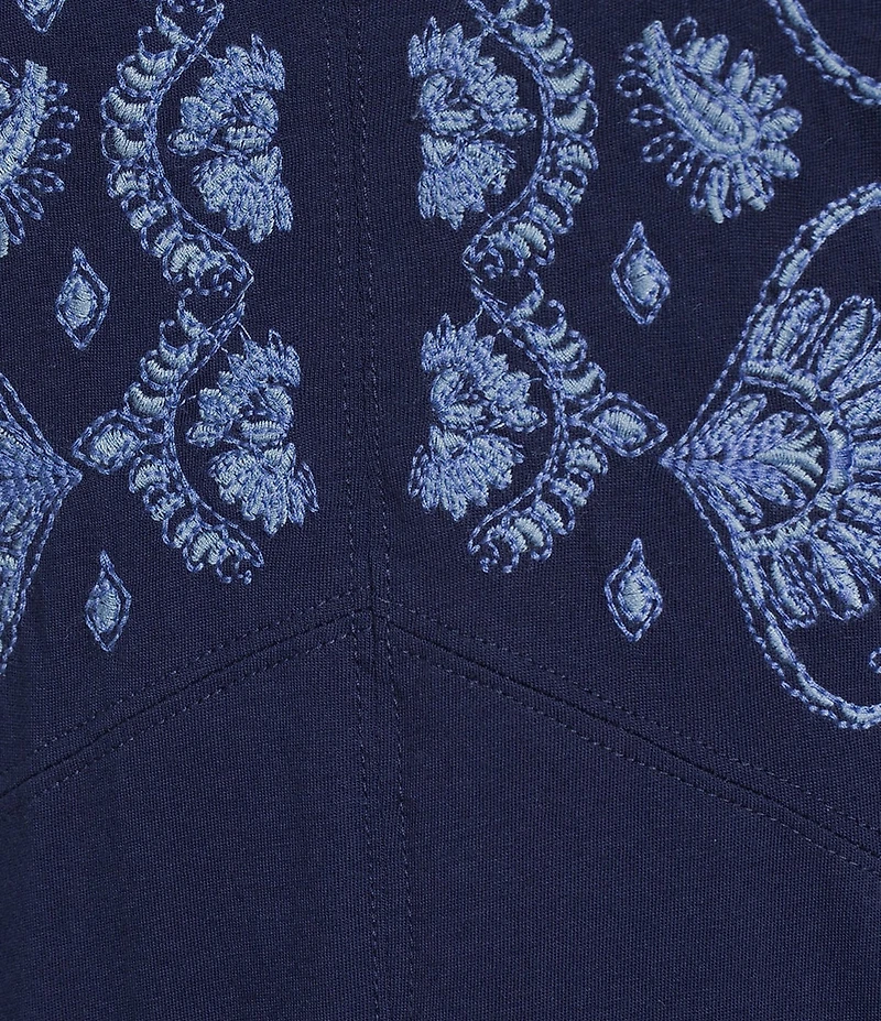 JOHNNY WAS Tonal Embroidered Paisley Medallion Knit Jersey Round Neck Sleeveless Shift Dress