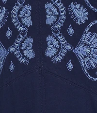 JOHNNY WAS Tonal Embroidered Paisley Medallion Knit Jersey Round Neck Sleeveless Shift Dress