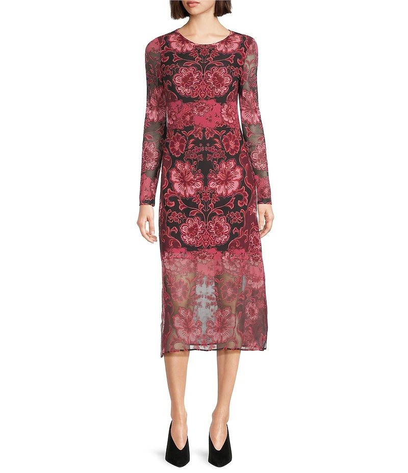 JOHNNY WAS Tulus Floral Print Mesh Knit Round Neck Long Sleeve Midi Dress