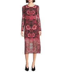 JOHNNY WAS Tulus Floral Print Mesh Knit Round Neck Long Sleeve Midi Dress