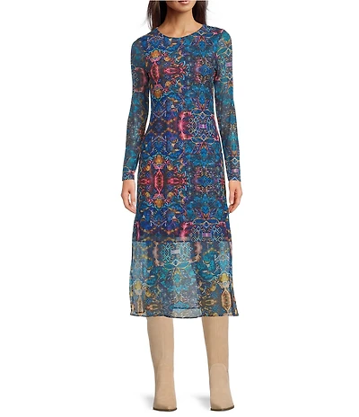 JOHNNY WAS Tulus Kaleidoscope Print Mesh Knit Crew Neck Long Sleeve Midi Dress