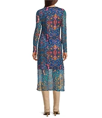 JOHNNY WAS Tulus Kaleidoscope Print Mesh Knit Crew Neck Long Sleeve Midi Dress