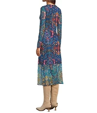 JOHNNY WAS Tulus Kaleidoscope Print Mesh Knit Crew Neck Long Sleeve Midi Dress
