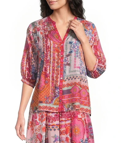 JOHNNY WAS Vacanza Tami Scarf Print V-Neck Elbow Sleeve Button Front Coordinating Blouse