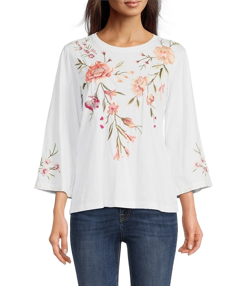 JOHNNY WAS Vienna Floral Embroidery Motif Long Kimono Sleeve Tee