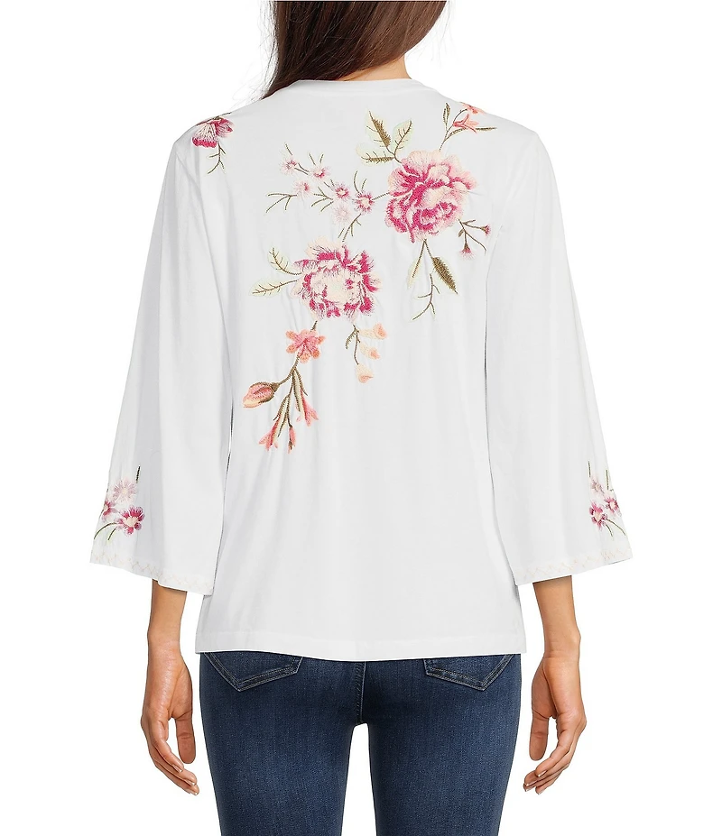 JOHNNY WAS Vienna Floral Embroidery Motif Long Kimono Sleeve Tee
