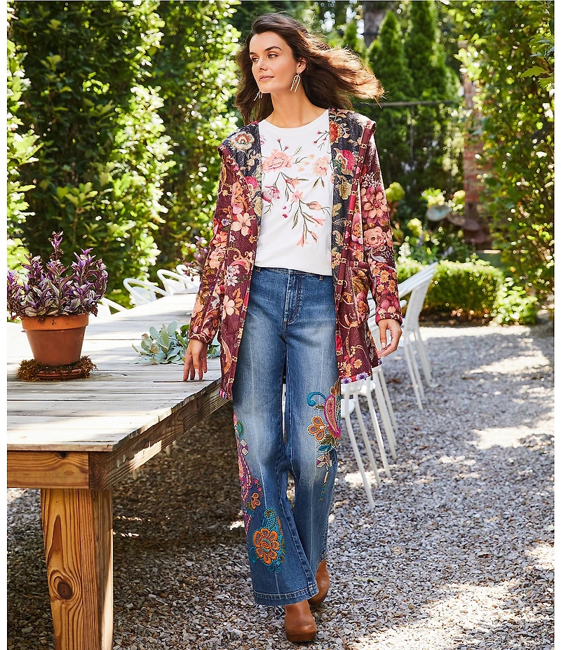 JOHNNY WAS Vienna Floral Embroidery Motif Long Kimono Sleeve Tee