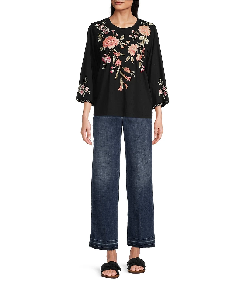 JOHNNY WAS Vienna Floral Embroidery Motif Long Kimono Sleeve Tee