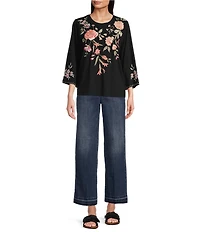 JOHNNY WAS Vienna Floral Embroidery Motif Long Kimono Sleeve Tee