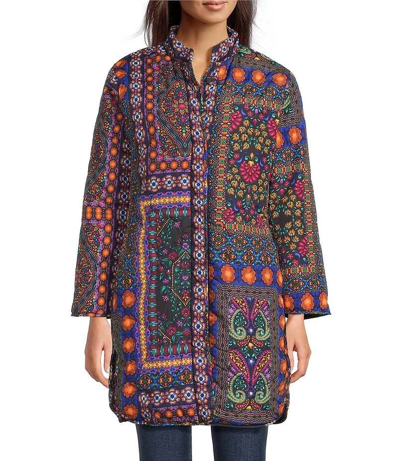 JOHNNY WAS Vivi Ornate Print Open Front Long Sleeve Puffer Jacket