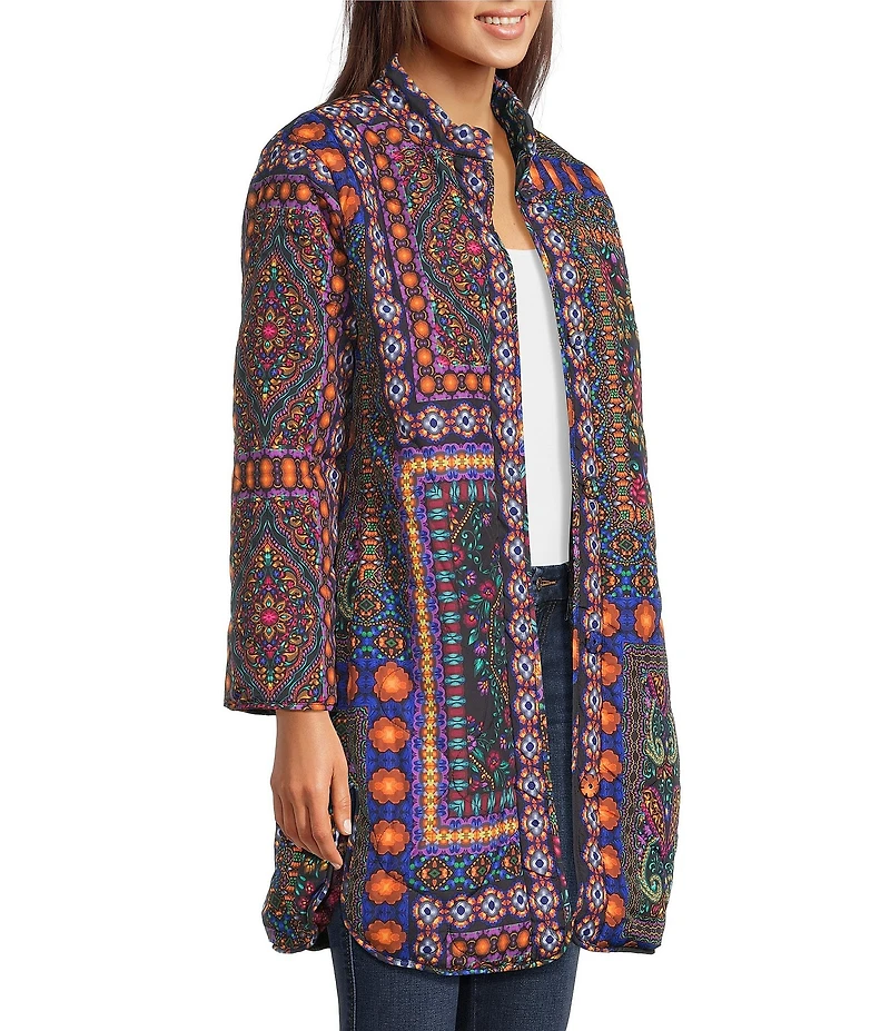 JOHNNY WAS Vivi Ornate Print Open Front Long Sleeve Puffer Jacket