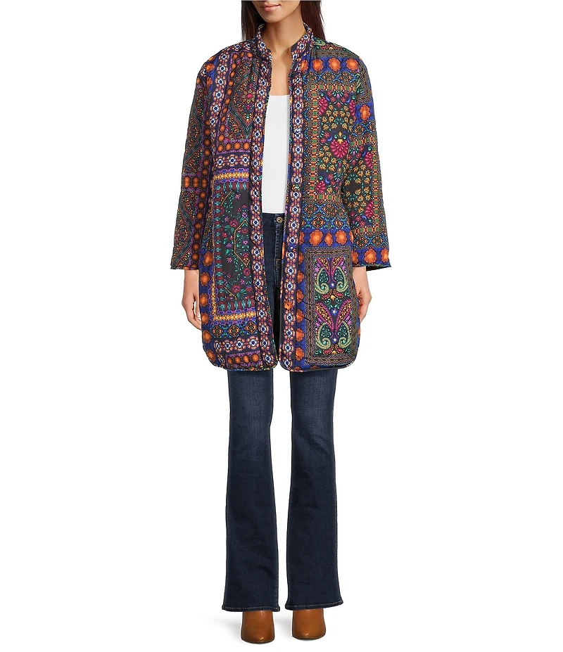JOHNNY WAS Vivi Ornate Print Open Front Long Sleeve Puffer Jacket
