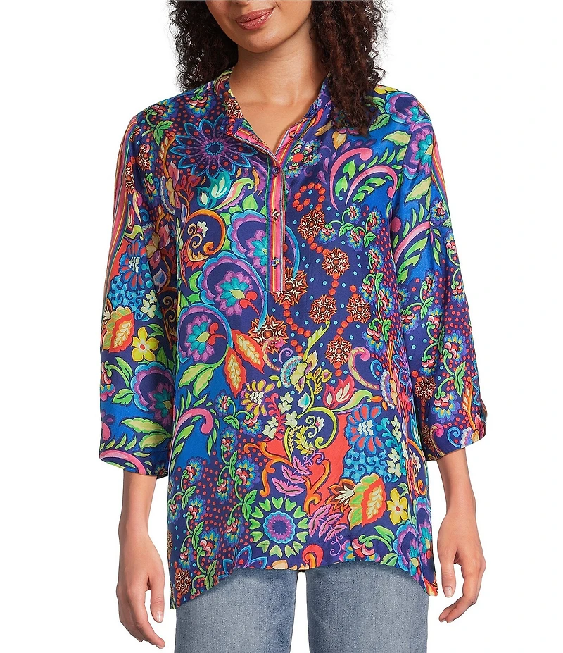 JOHNNY WAS Yuri Mod Floral Print Silk Banded Collar 3/4 Sleeve Five-Button Half-Placket Tunic