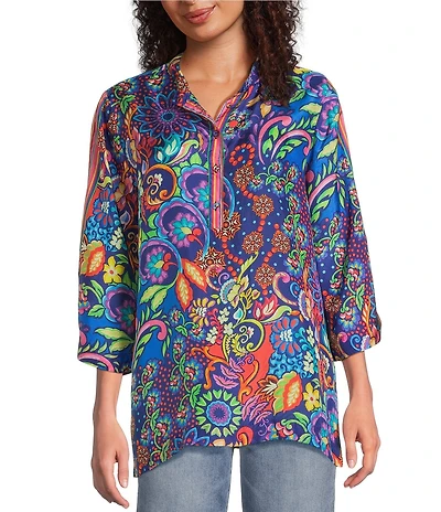 JOHNNY WAS Yuri Mod Floral Print Silk Banded Collar 3/4 Sleeve Five-Button Half-Placket Tunic