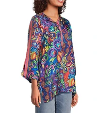 JOHNNY WAS Yuri Mod Floral Print Silk Banded Collar 3/4 Sleeve Five-Button Half-Placket Tunic