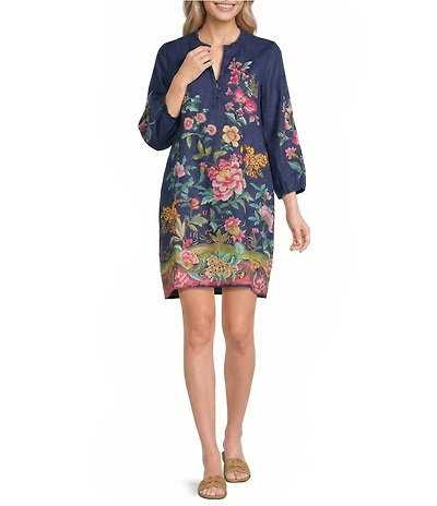 JOHNNY WASs Linen Floral Print Split V-Neck Bishop Long Sleeve Shift Dress