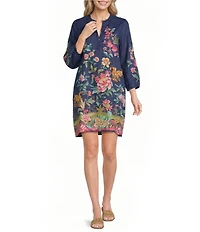 JOHNNY WASs Linen Floral Print Split V-Neck Bishop Long Sleeve Shift Dress