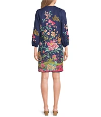 JOHNNY WASs Linen Floral Print Split V-Neck Bishop Long Sleeve Shift Dress