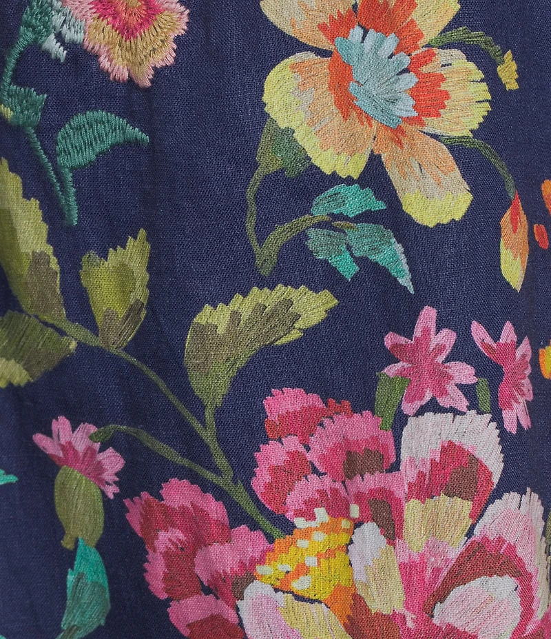 JOHNNY WASs Linen Floral Print Split V-Neck Bishop Long Sleeve Shift Dress