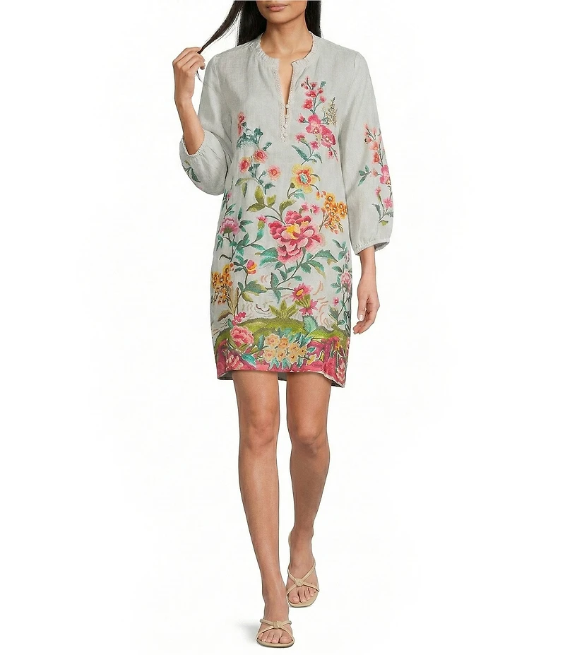 JOHNNY WASs Linen Floral Print Split V-Neck Bishop Long Sleeve Shift Dress