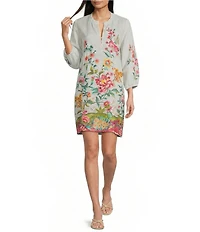 JOHNNY WASs Linen Floral Print Split V-Neck Bishop Long Sleeve Shift Dress