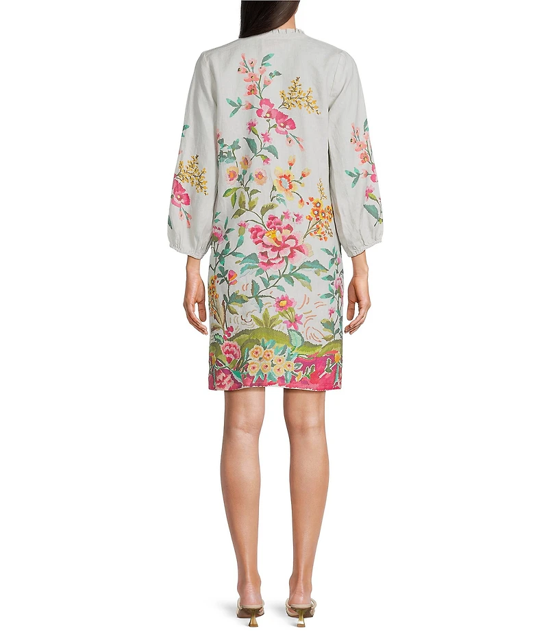 JOHNNY WASs Linen Floral Print Split V-Neck Bishop Long Sleeve Shift Dress
