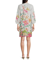 JOHNNY WASs Linen Floral Print Split V-Neck Bishop Long Sleeve Shift Dress