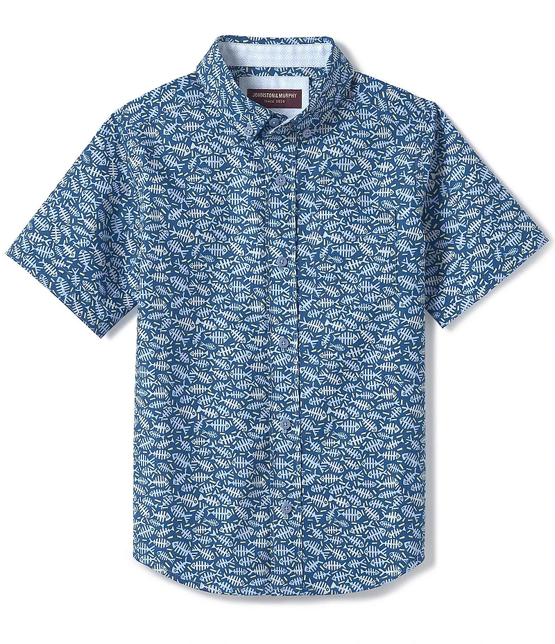 Johnston & Murphy Little/Big Boys 4-16 Short Sleeve Button Down Collar Chest Pocket Fishbone Print Shirt